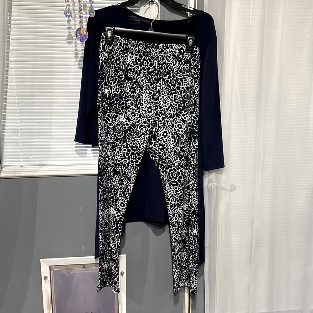 Blue and white leggings and blue tunic